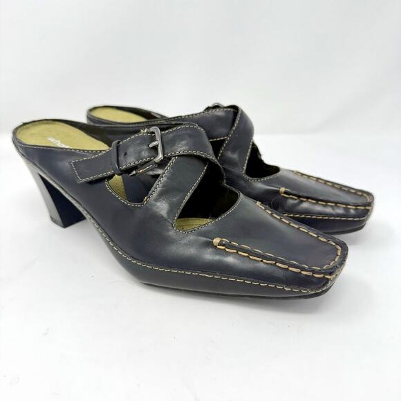 Vintage Y2K What's What Square Toe Heeled Mules 9 Buckle, Moc Stitch New In Box! - Picture 1 of 6